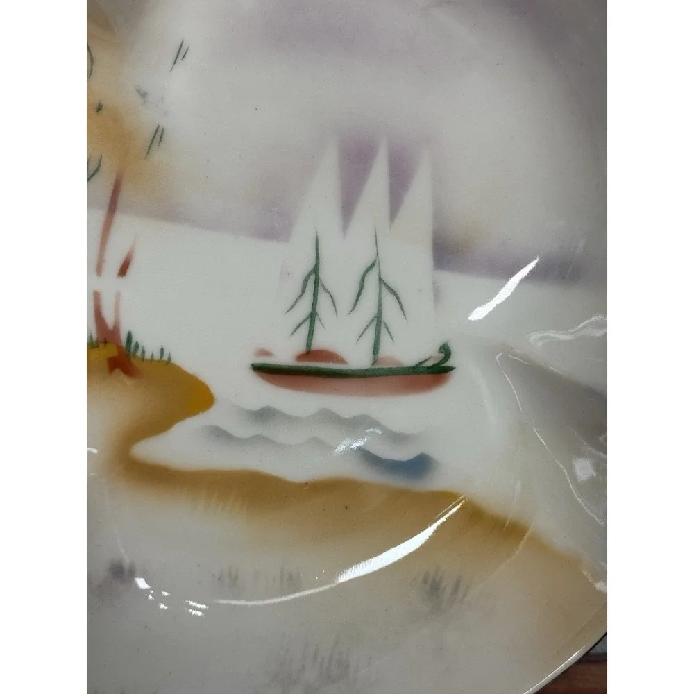 Prov Saxe E S Germany Antique Serving Dish Bowl Clover Shaped Landscape Sailboat